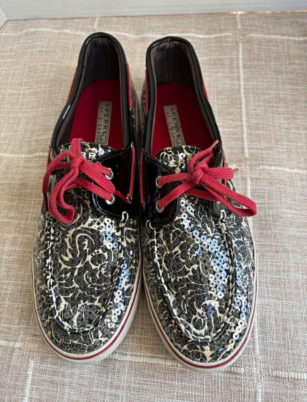 Sperry Top-Sider Women’s Boat Shoes Lace Up Floral Sequin Black/White/Red 10M